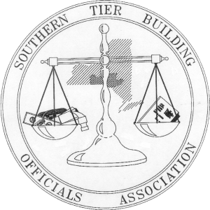 Black and white logo of the Southern Tier Building Officials Association featuring a balanced scale, with a book and gavel on the left and a house icon on the right, surrounded by the groups name in a circle.